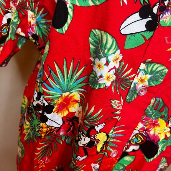 Disney Mickey Mouse Minnie Summer Hawaiian Tropical Red Button Down Shirt - Picture 3 of 9